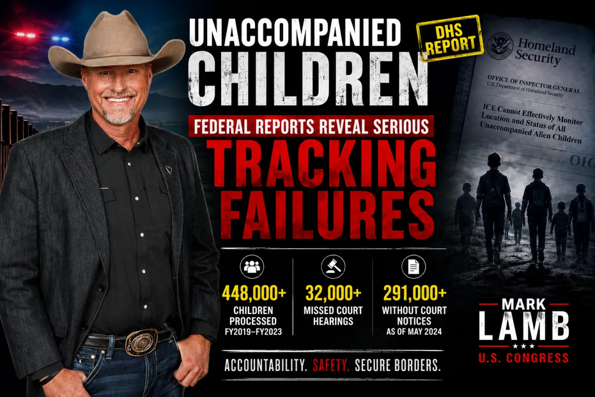 Mark Lamb and federal reports on unaccompanied migrant children showing tracking failures, missed court hearings, sponsor oversight concerns, and child safety risks at the southern border.