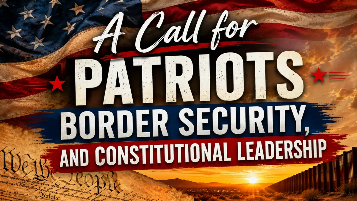 Patriotic graphic illustrating border security and constitutional leadership themes from Mark Lamb's June 2026 speech at the Encore Conservative Club in Mesa, Arizona, featuring the American flag, Constitution, and border wall.