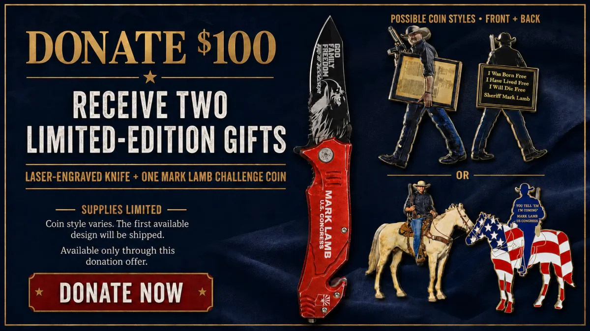 Donate $100 to Mark Lamb for Congress through this offer and receive a laser-engraved knife and one available Mark Lamb challenge coin while supplies last.