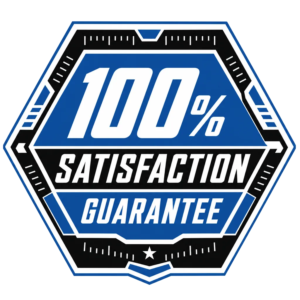 Hexagonal '100% Satisfaction Guarantee' badge, stylized in blue and white with a futuristic, technical design.