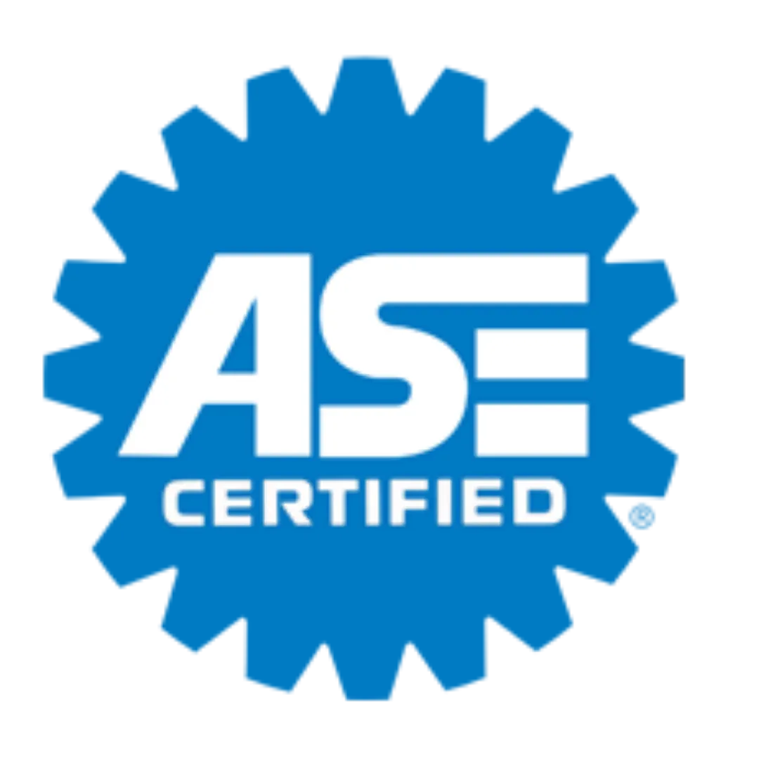 Minimalist blue outline icon of a mechanic or technician bust, underlined by short diagonal lines