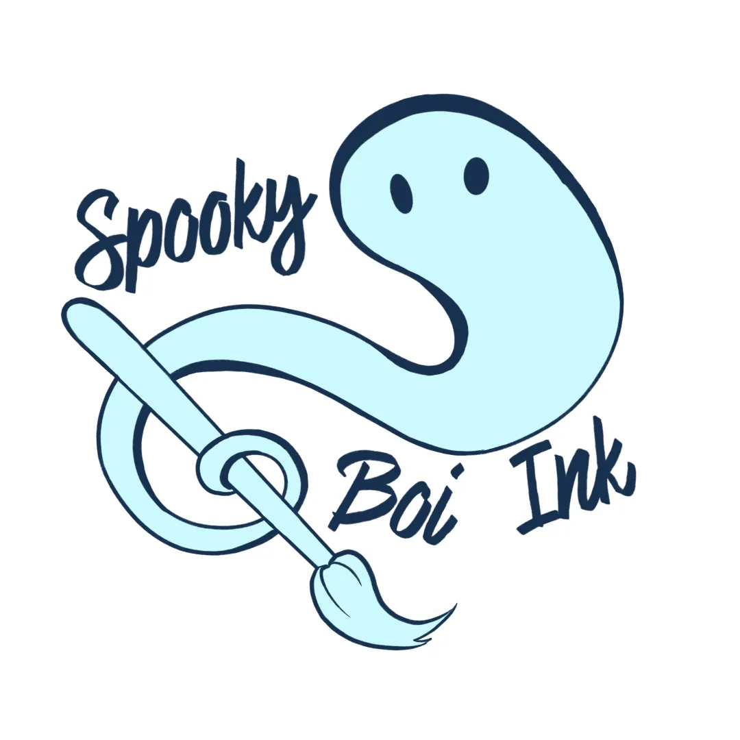 Spooky Boi Ink logo - A spooky ghost wrapping around a paint brush
