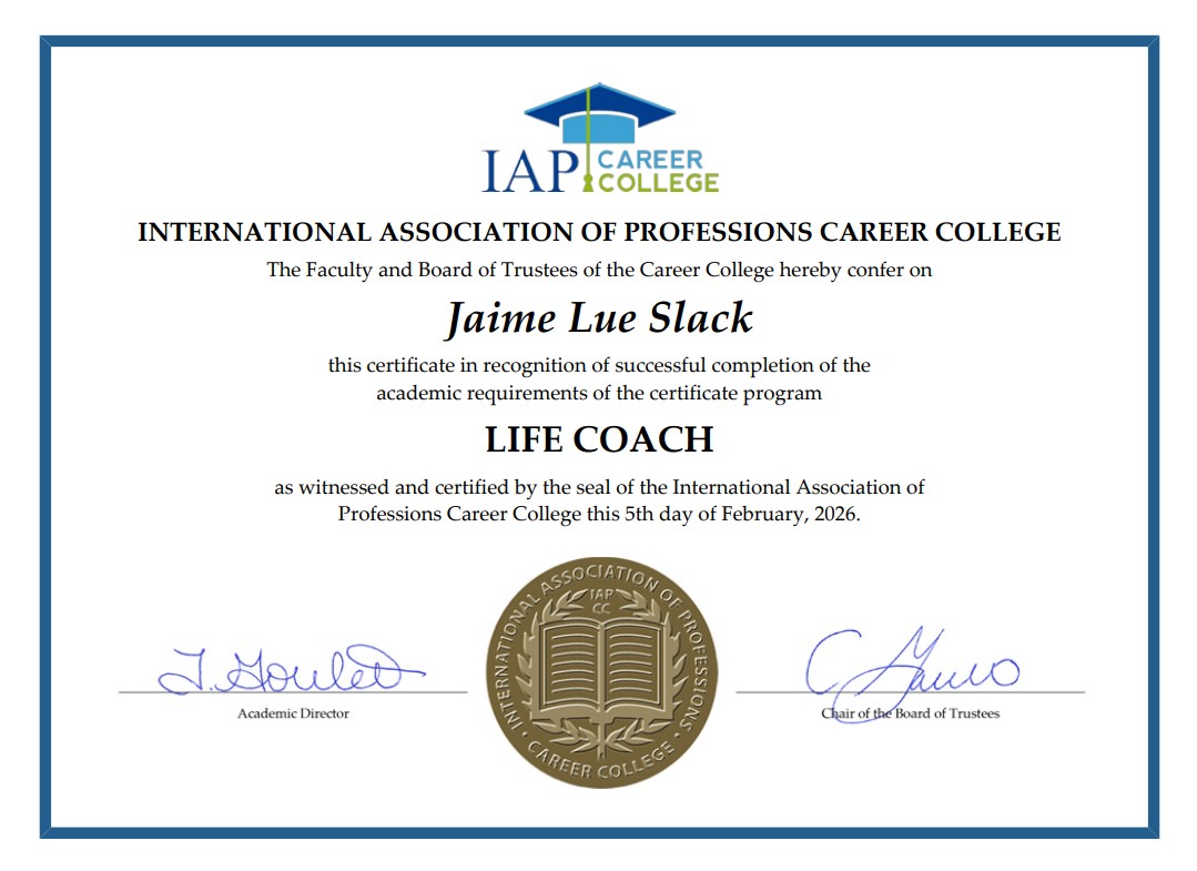 Image of Jaime Sorensen's Life Coach certificate.