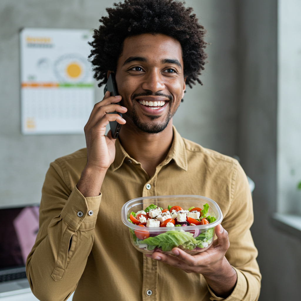 Gesund leben trotz Zeitmangel, Mann mit Salat telefoniert