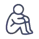 blue icon of a person sitting down, hugging their knees.