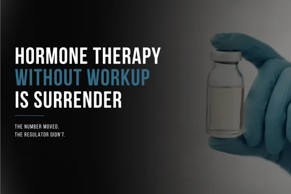 Testosterone prescription bottle sitting on an unread stack of lab reports, conveying hormone replacement without an upstream workup.