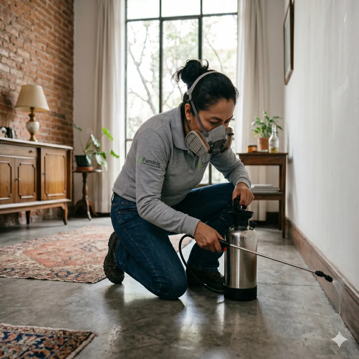 Interior tipo Airbnb en Condesa/Roma con luz natural cálida y técnico con uniforme de la compañía realizando servicio