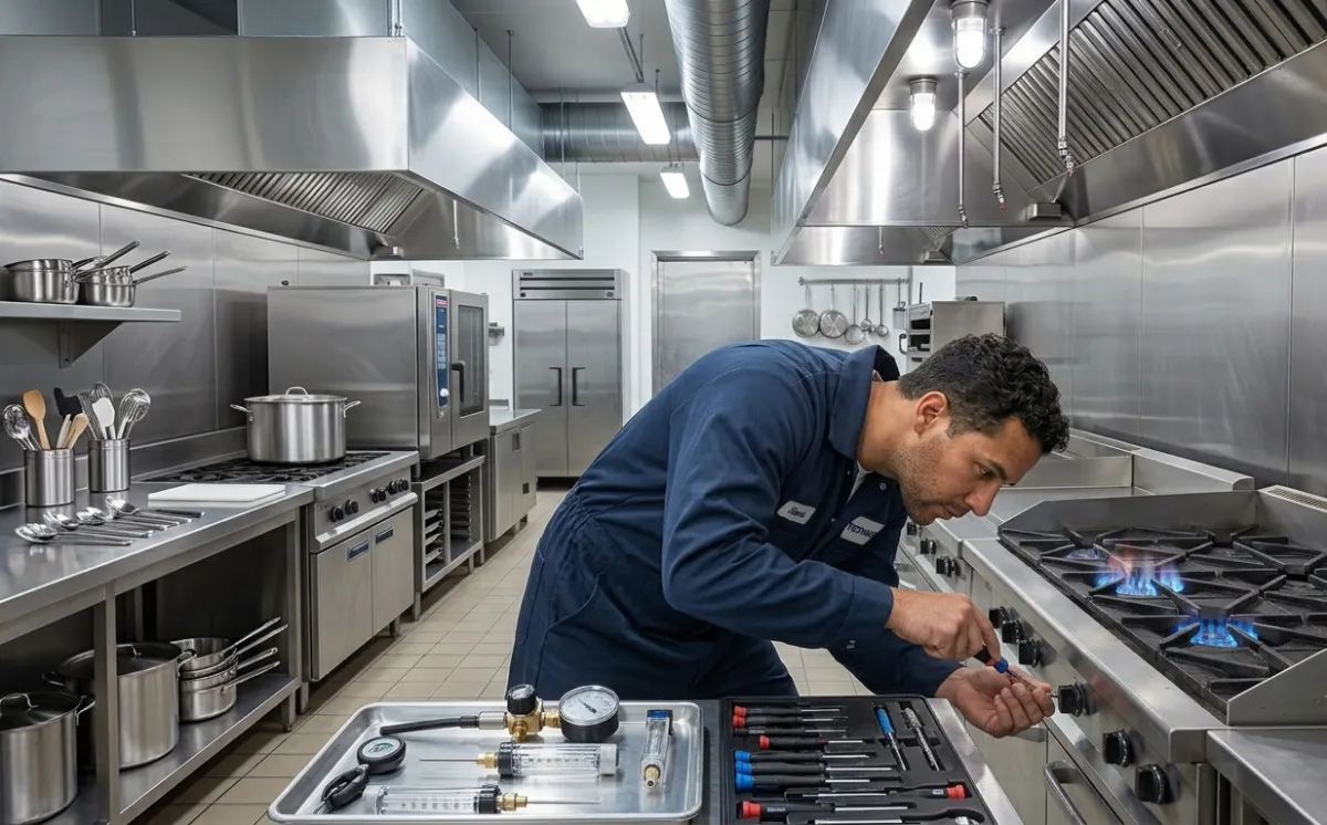 Técnico especialista calibrando equipo de cocina industrial
