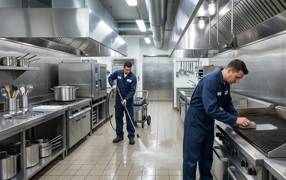 Fotografía realista de personal de limpieza profunda en cocina industrial