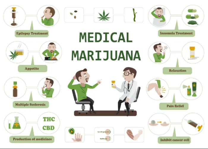 Image of a patient sitting across from a doctor in a medical office, discussing treatment options. Surrounding them are floating icons and text representing various uses of medicinal marijuana, such as pain relief, anxiety reduction, and improved sleep quality, illustrating the diverse therapeutic applications of cannabis in healthcare.