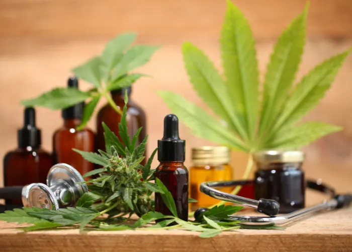 Multiple fresh cannabis leaves arranged next to a variety of bottled medical marijuana oils, representing options in cannabis-based therapies.