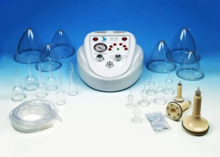 Image showcasing an array of medicupping equipment, including various cup sizes and a suction device, arranged neatly on a clean, clinical table, ready for use in therapeutic sessions.