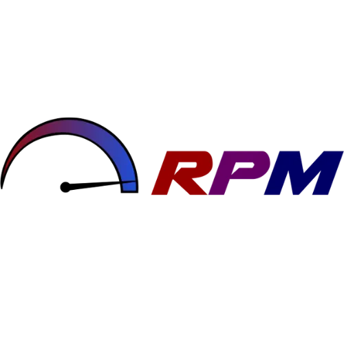 Logo of Ready Pain Management featuring the letters 'R' in red, 'P' in purple, and 'M' in blue, alongside a graphic resembling a speedometer, symbolizing speed and efficiency in pain management solutions.