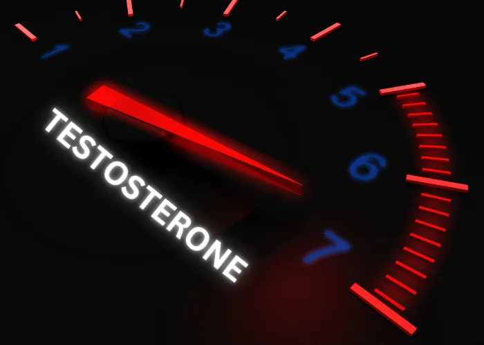 Image of a tachometer graphic representing Testosterone Replacement Therapy, with the word 'testosterone' prominently displayed underneath. The tachometer symbolizes the measurement and regulation of testosterone levels, emphasizing the precision and control involved in hormone therapy.