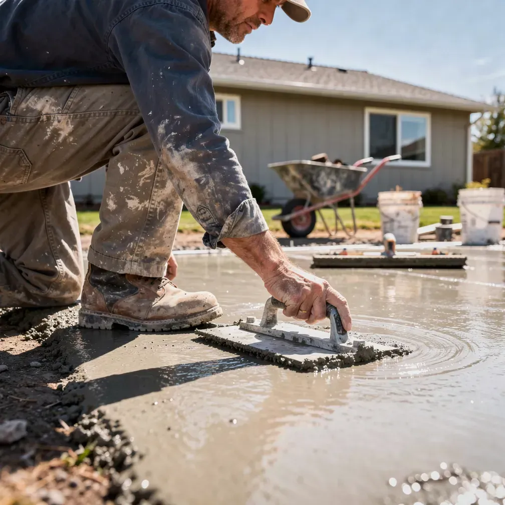 Concrete contractor seen from the side smoothing freshly poured concrete at a residential property in Red Bluff California