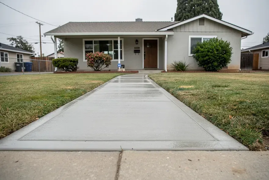 Newly poured concrete sidewalk alongside a residential property in Red Bluff California