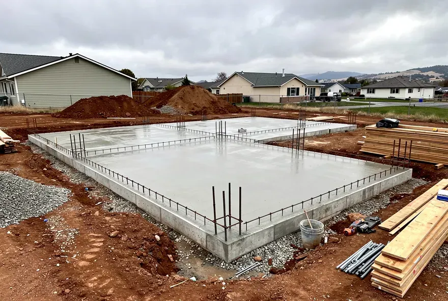 Freshly poured concrete foundation at a residential construction site in Red Bluff California