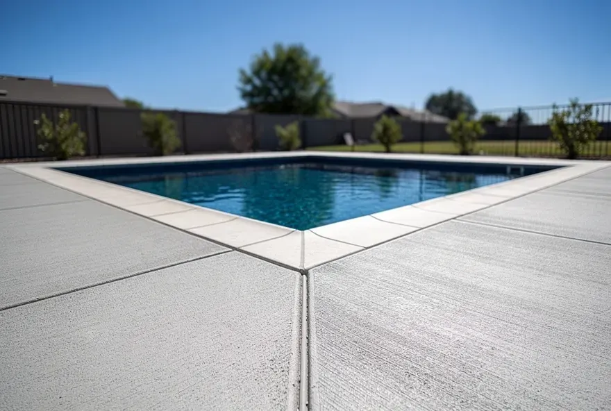 Freshly finished concrete pool deck surrounding a residential pool on a sunny day in Red Bluff California