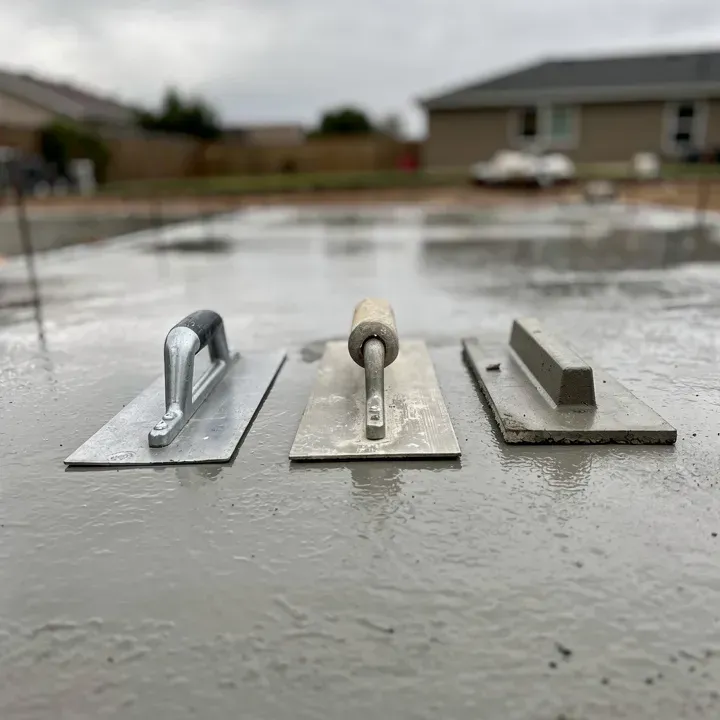 Close-up of concrete finishing tools on a freshly poured concrete surface at a job site in Red Bluff California