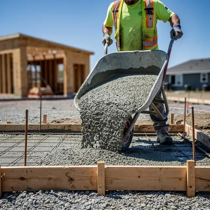 Concrete contractor pouring and spreading fresh concrete at a residential project site in Red Bluff California