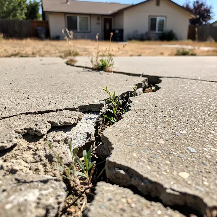 Close-up of severely cracked and crumbling concrete driveway surface at a residential property in Red Bluff California