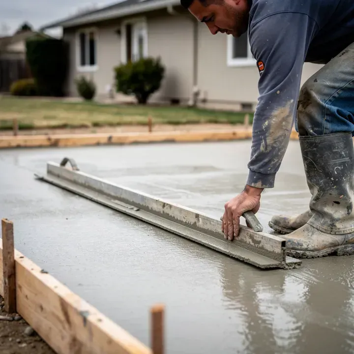 Concrete contractor screeding freshly poured concrete for a driveway at a residential property in Red Bluff California