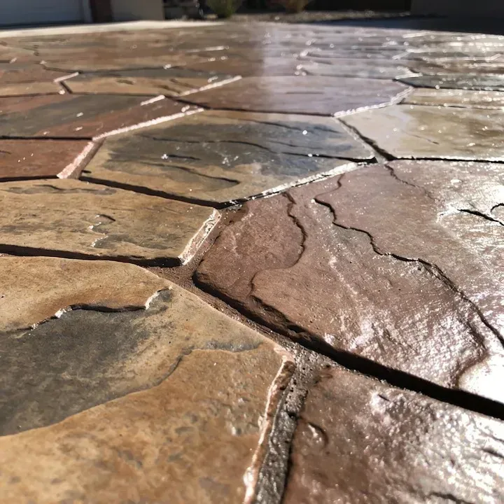 Close-up of freshly finished stamped concrete surface with natural stone pattern in Red Bluff California
