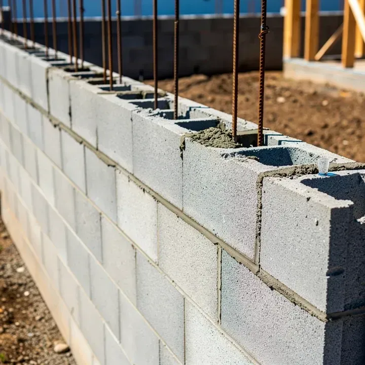 Close-up of concrete block wall under construction with rebar visible at a residential property in Red Bluff California