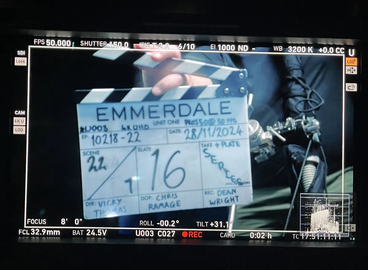 Clapperboard on a camera monitor during an underwater TV drama shoot