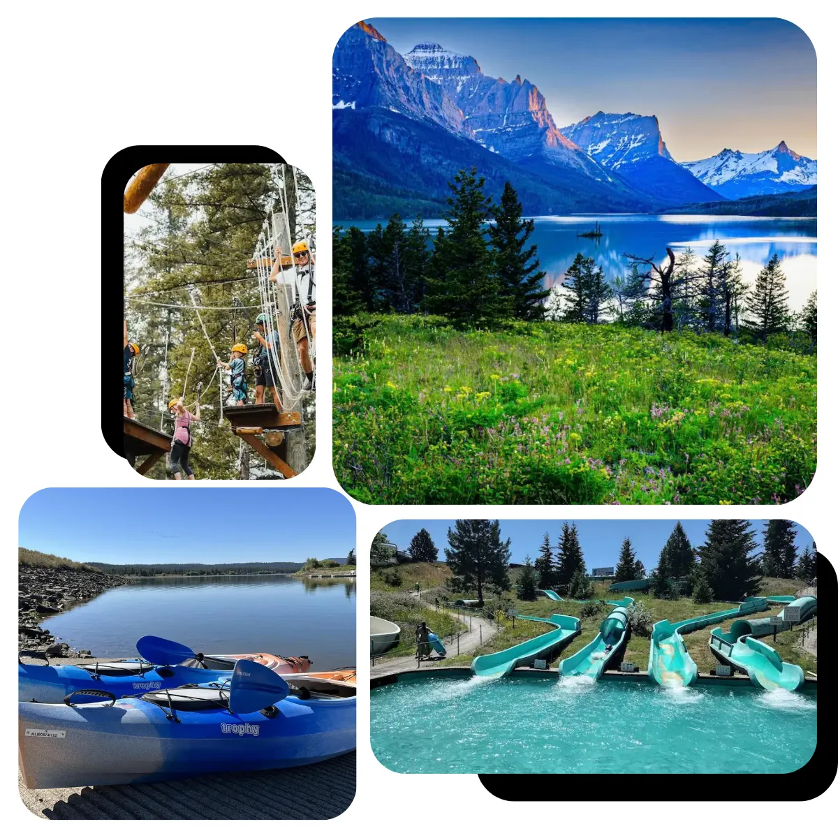 Paradise Vacations near Glacier National Park and Flathead Lake offers thrilling activities like ziplining and water slides, with relaxing fire and hot tub amenities, and beachside accommodations with scenic views.