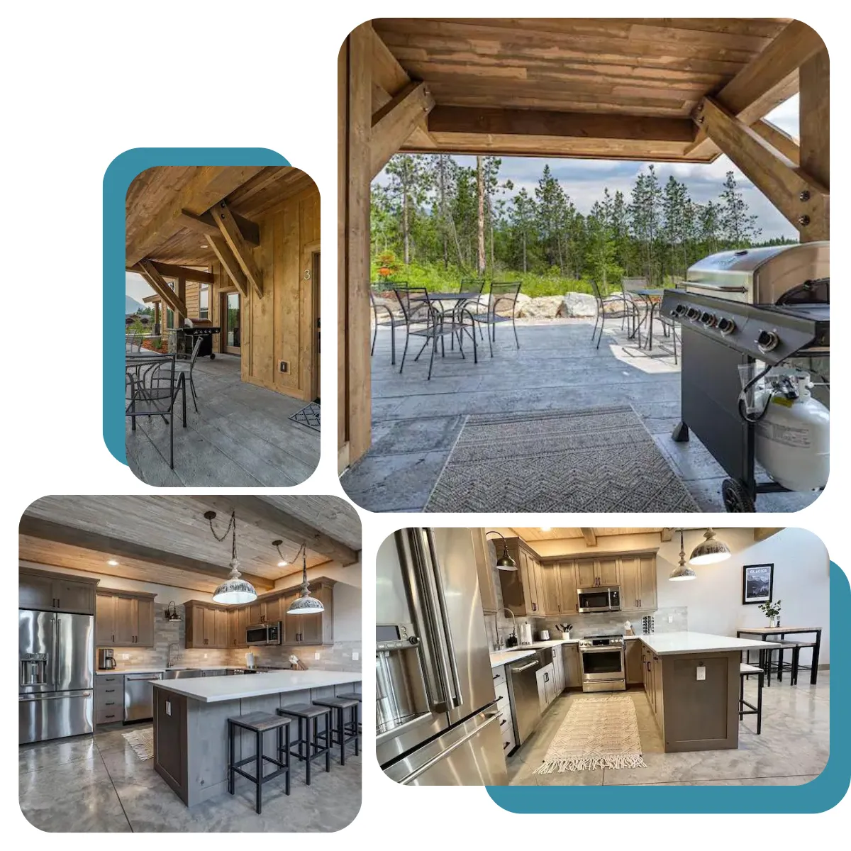 At "The Spirit of Glacier," the kitchen comes with high-quality appliances and connects smoothly with dining and living areas, making interaction easy. Plus, there's a cozy dining spot indoors and outdoor options for al fresco meals.