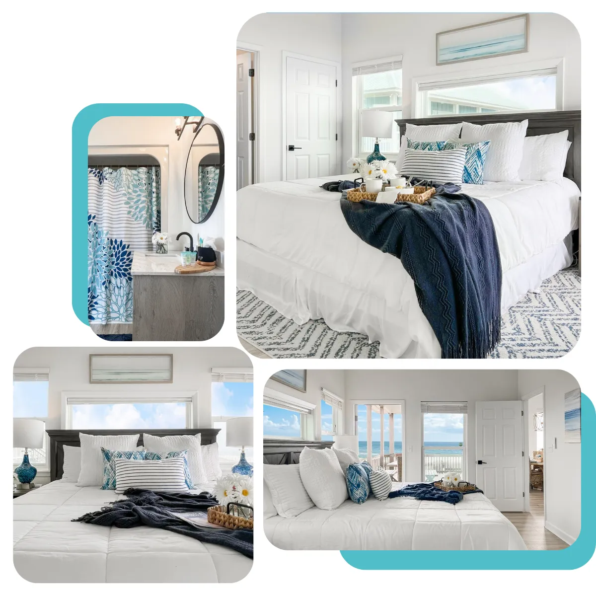 At Surfside Paradise, enjoy two elegant king suites, each with its own deck, ocean views, and private bathroom. Relax with 43" Smart TVs in both master bedrooms, while Bedroom 3 offers a snug space with bunk beds and its own bathroom, perfect for families or groups.
