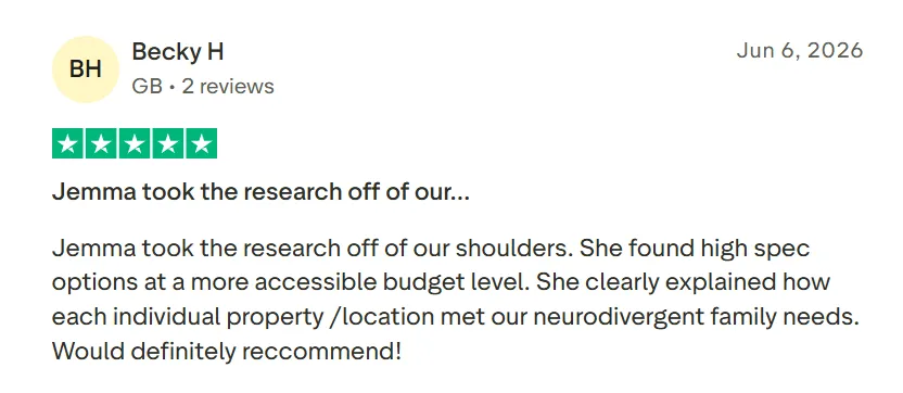 5-star Trustpilot review from Becky H about personalised travel planning for her neurodivergent family.