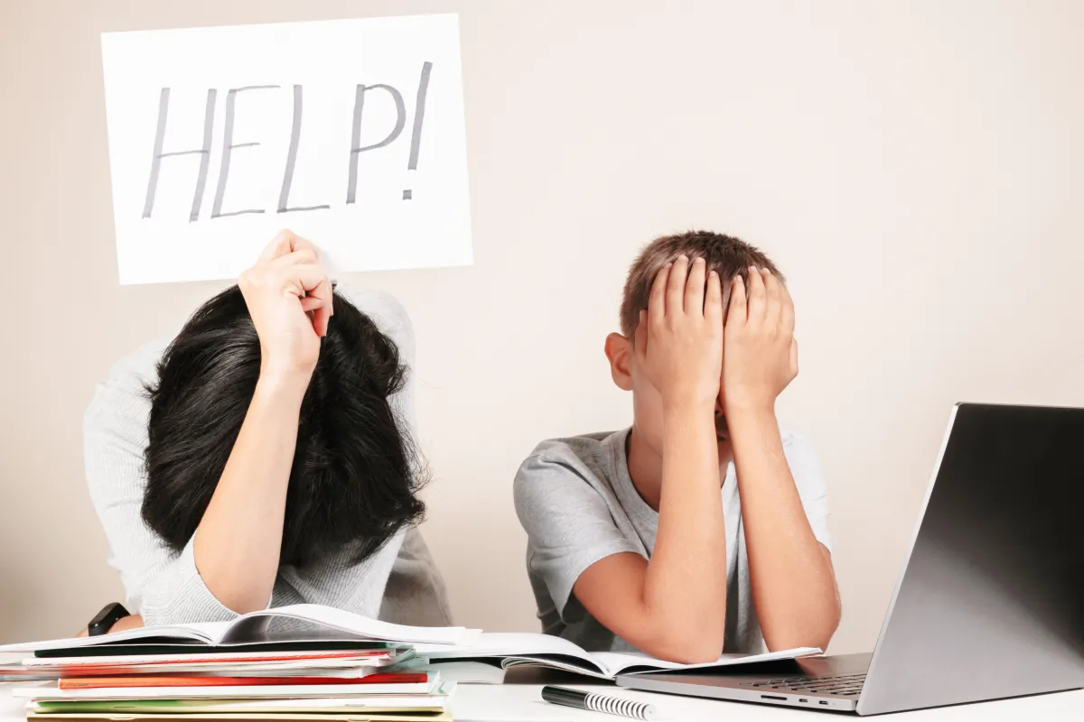 Homeschool Mom holding up a Help sign