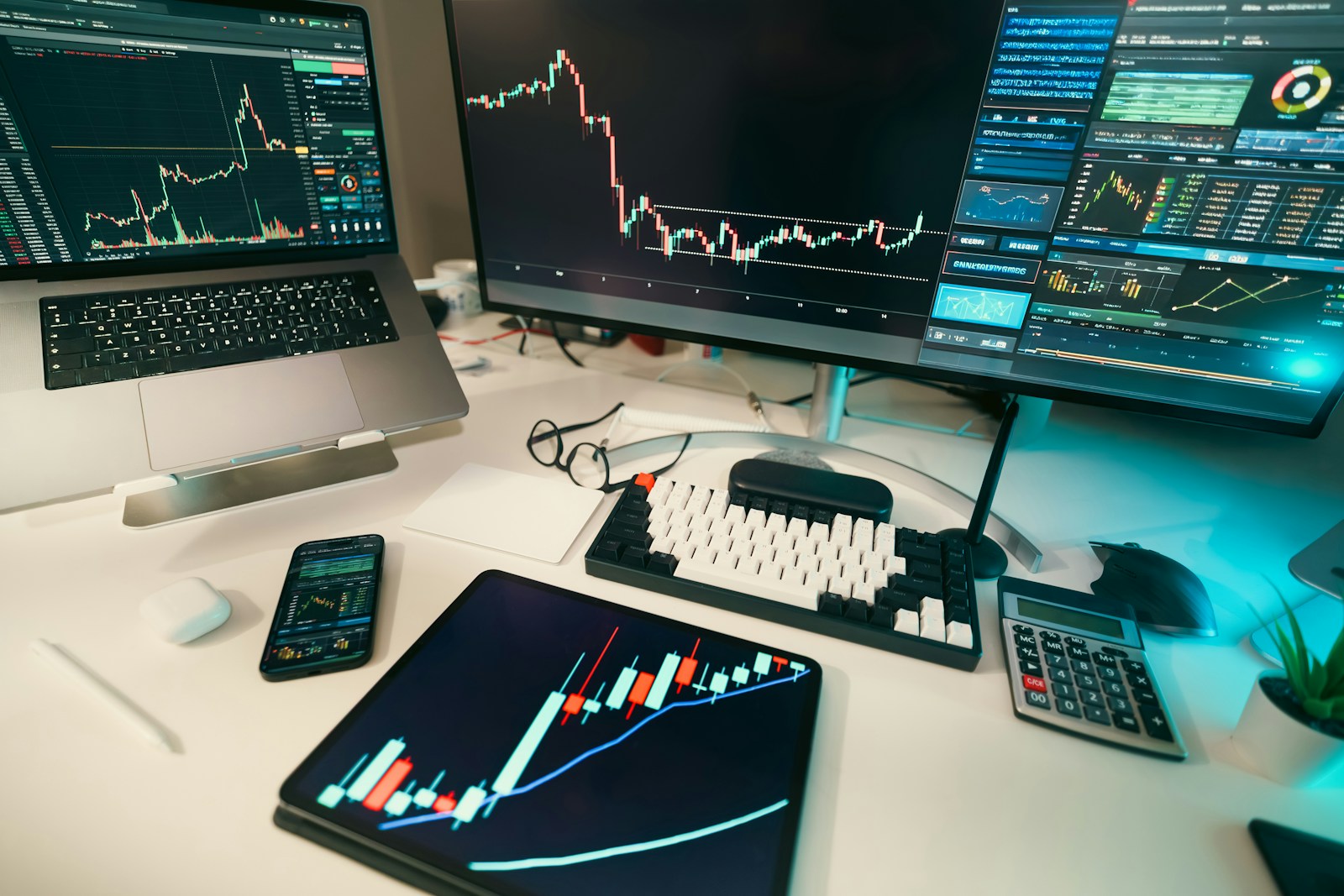 Multi-monitor trading desk with candlestick charts showing a pullback and base, laptop and calculator on the desk