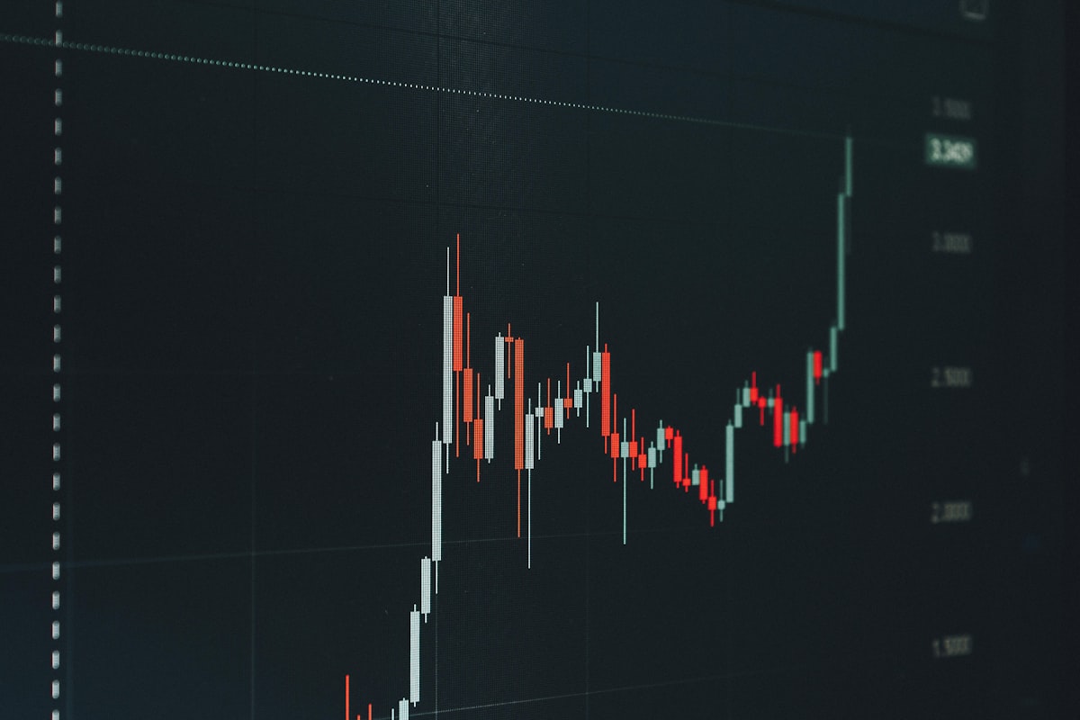 Candlestick stock chart on a dark trading screen showing a pullback dip followed by a breakout to new highs in an uptrend