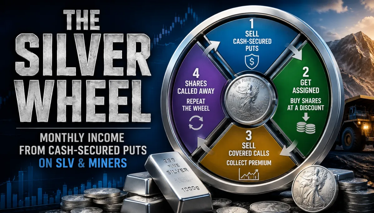 The Silver Wheel strategy illustration showing cash-secured puts, covered calls, silver bullion, and a silver mining backdrop for generating monthly options income.