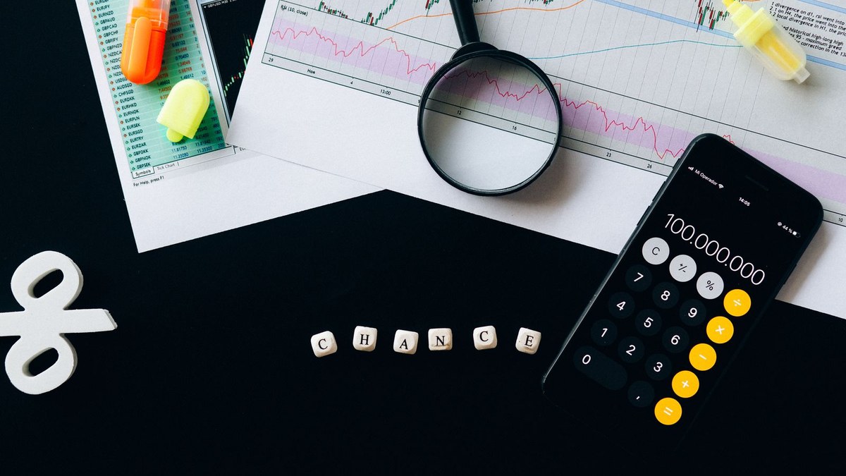 Trading charts, a magnifying glass, and a calculator on a desk representing position sizing math