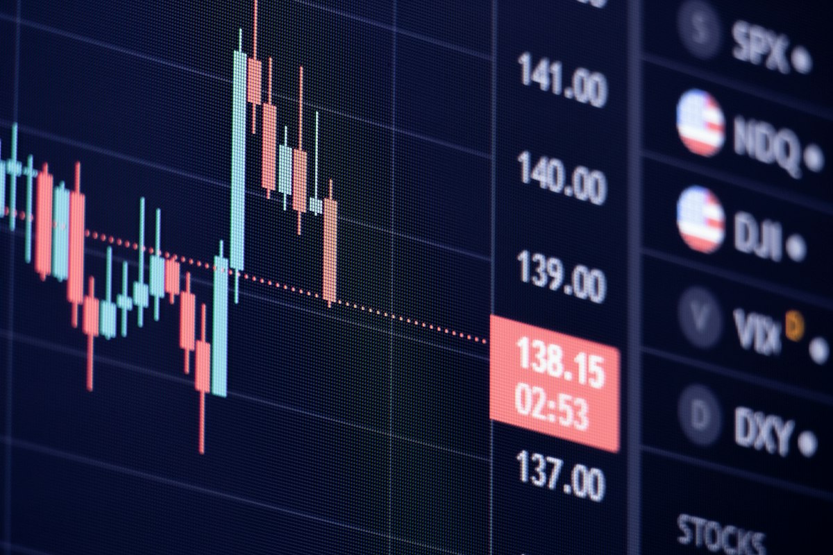 Close-up of a trading screen showing a candlestick chart with major index quotes including SPX, NDQ, DJI, and VIX