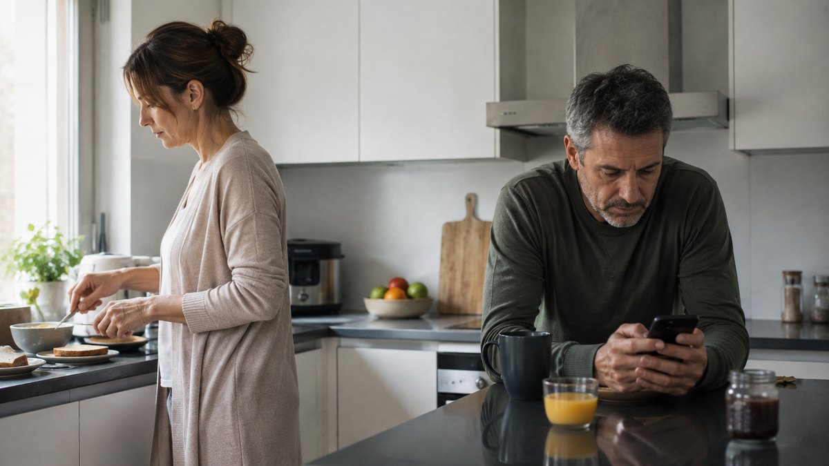 Una pareja en la cocina, ella cocina de espaldas y él mira el móvil sin levantar la vista