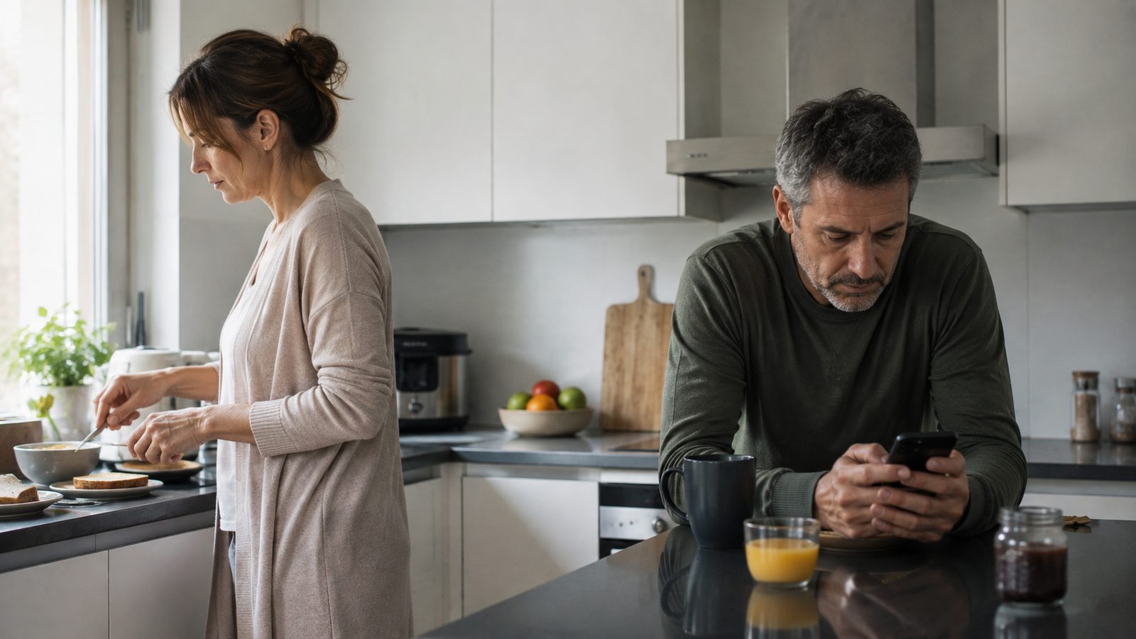 Ella prepara el desayuno en la cocina mientras él mira el móvil sin levantar la vista