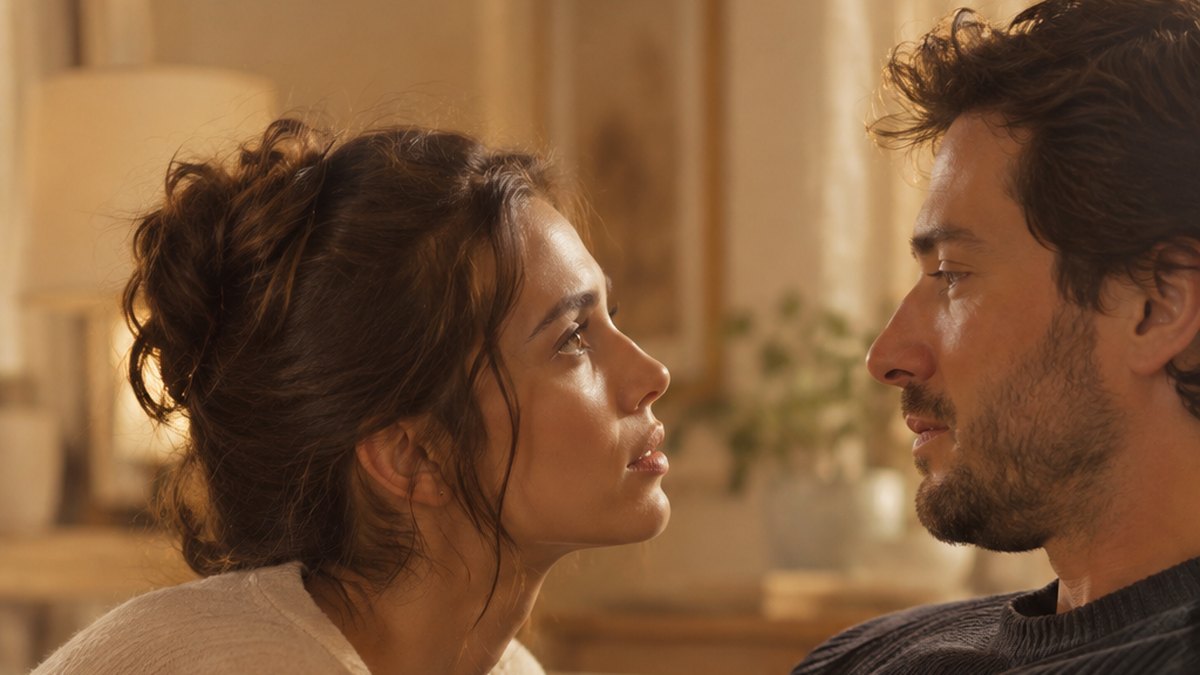 Una pareja hablando de cerca en un sofá, uno de ellos buscando la mirada del otro