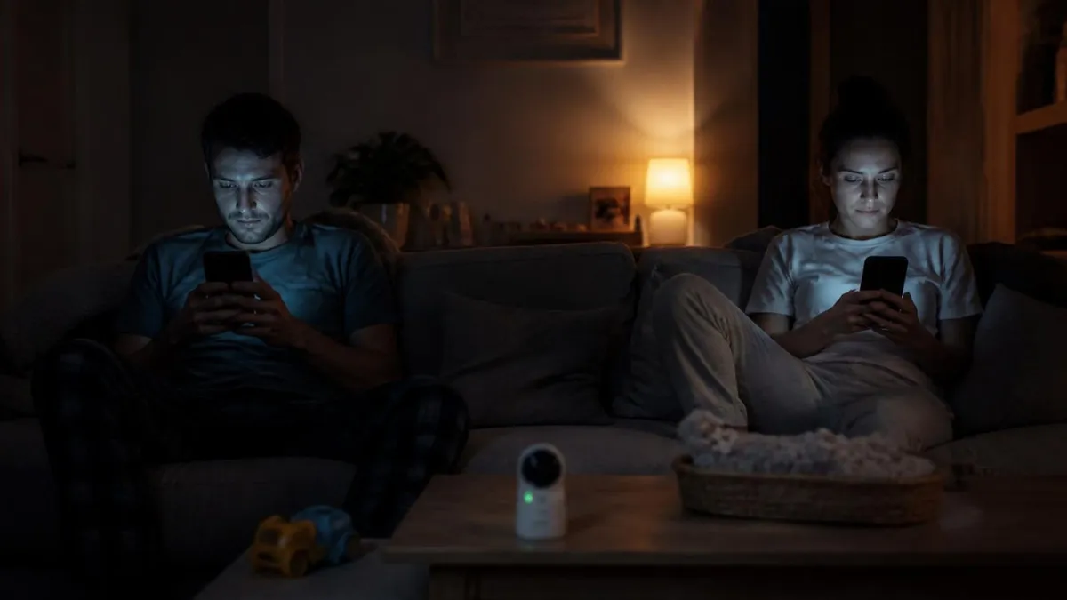 Una pareja sentada en los extremos de un sofá de noche, cada uno mirando su móvil, con un vigilabebés encendido entre los dos
