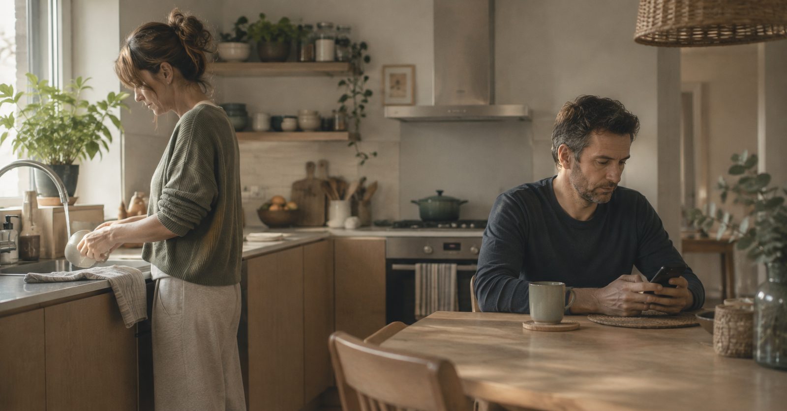Pareja en la cocina por la mañana, ella friega y él mira el móvil sentado a la mesa