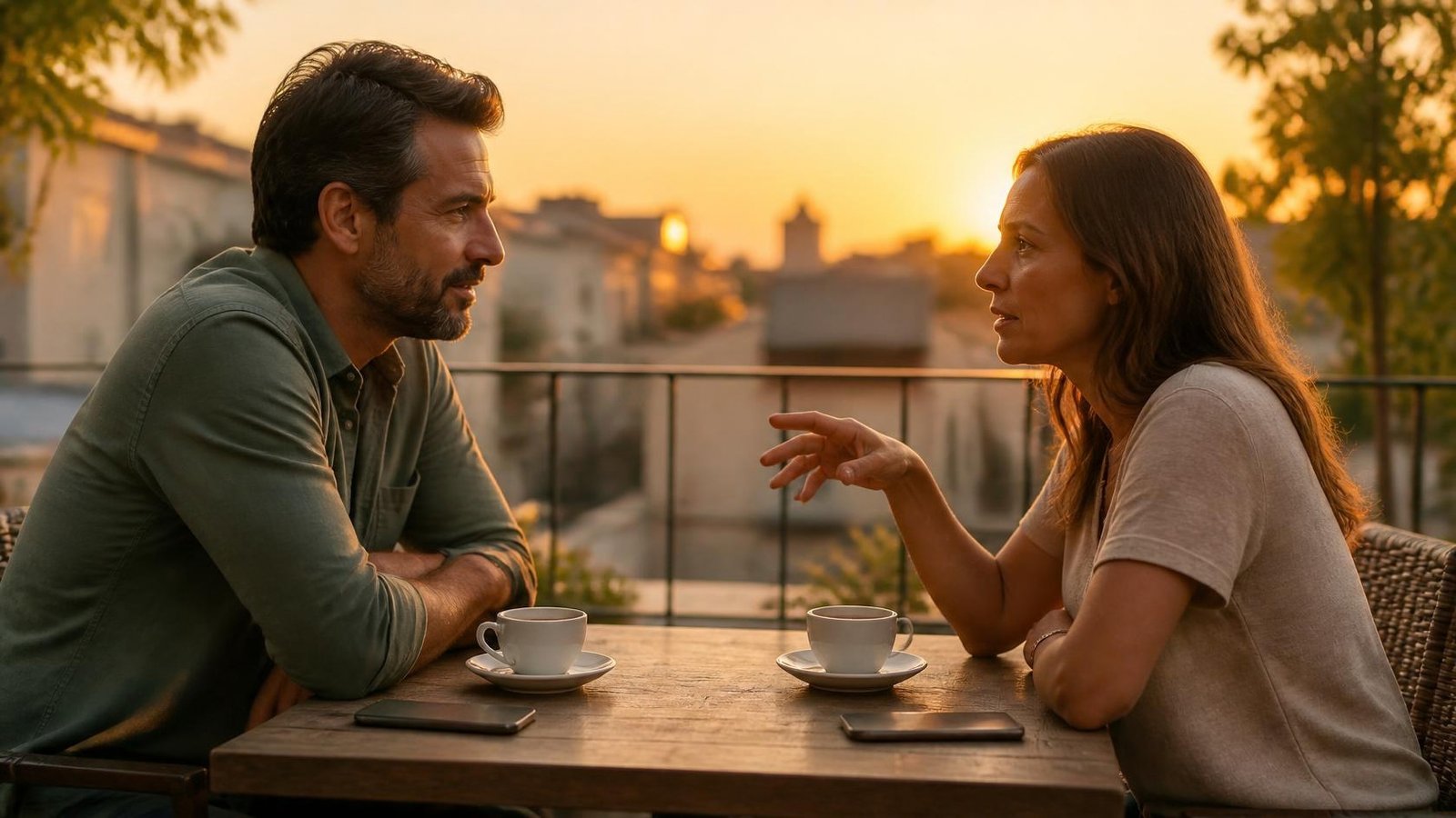 Pareja hablando frente a frente en una terraza al atardecer, con los dos móviles boca abajo sobre la mesa