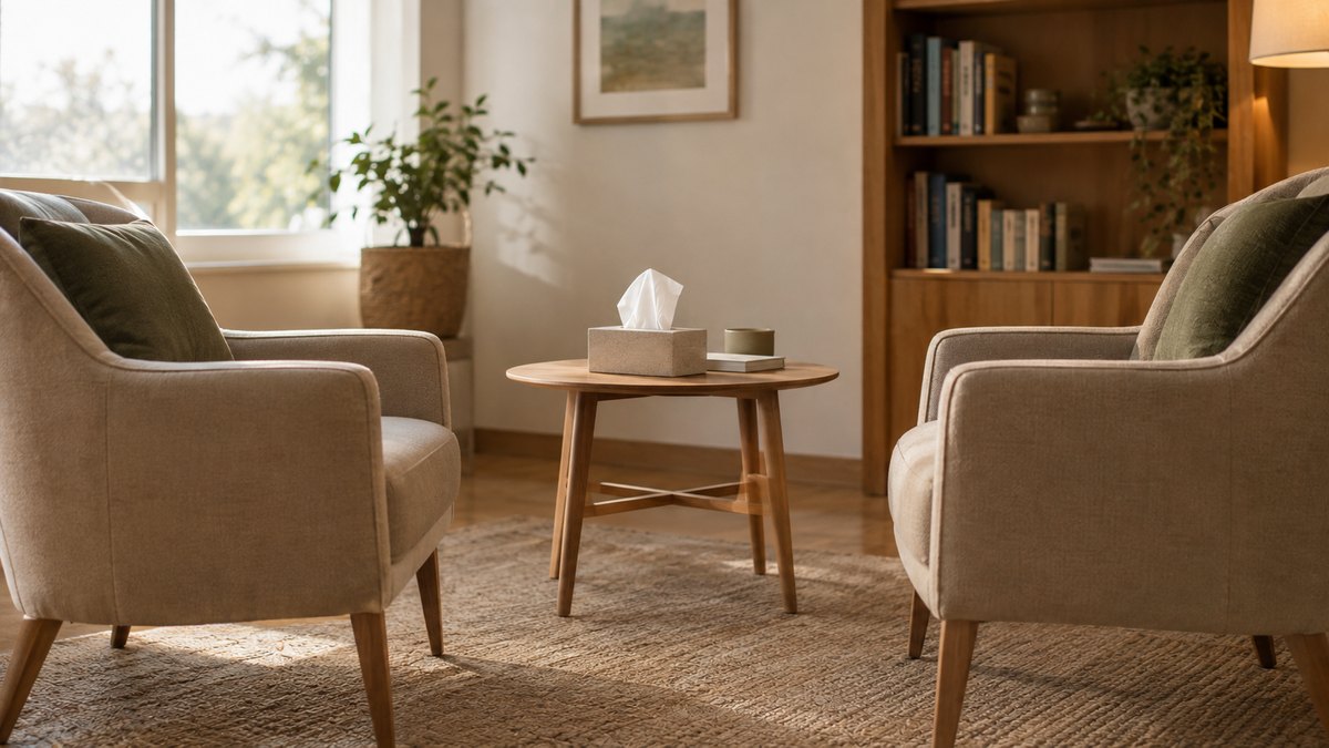 Dos sillones vacíos frente a frente en una consulta de terapia de pareja