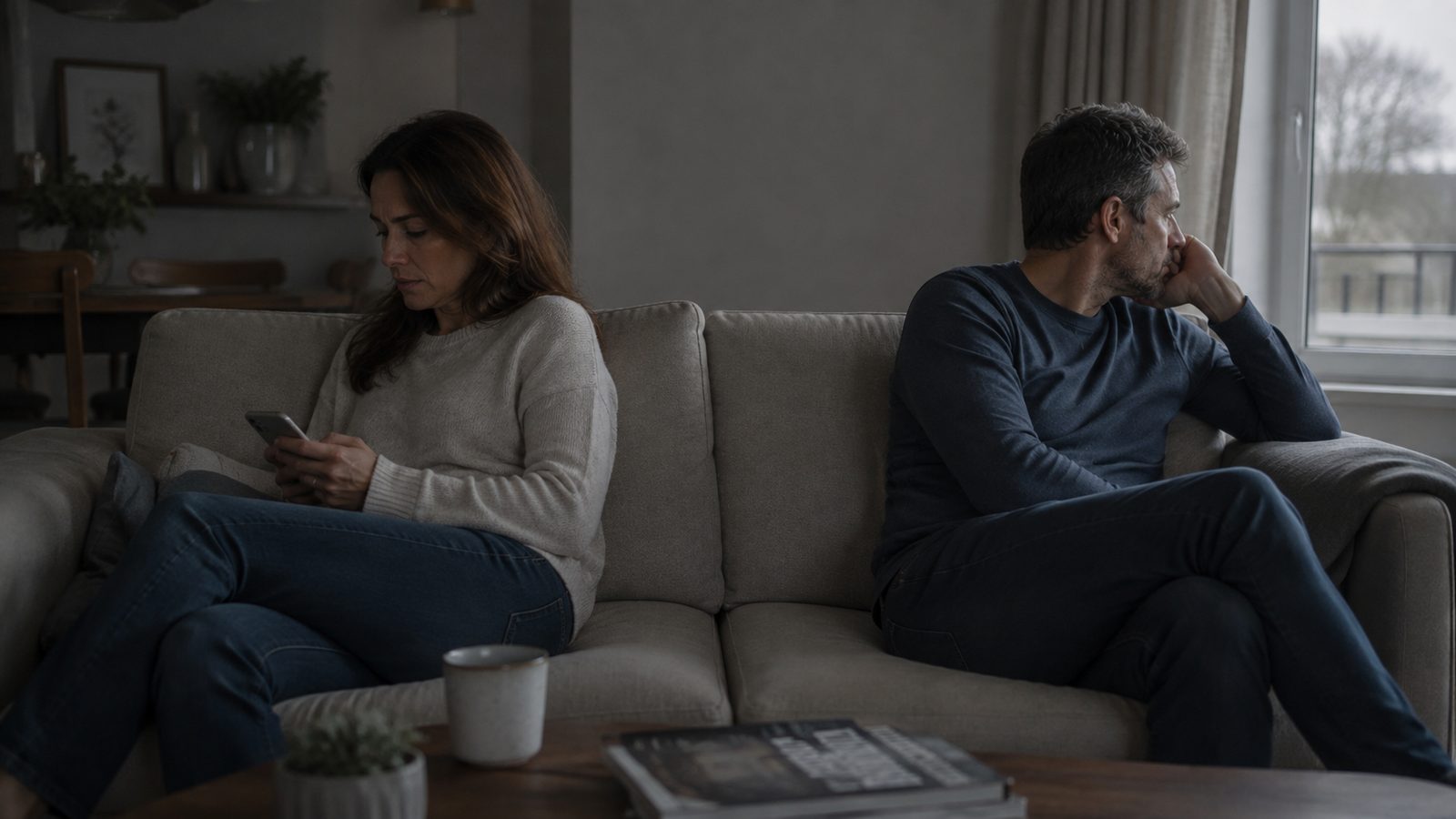 Pareja sentada en extremos opuestos del sofá, cada uno a lo suyo