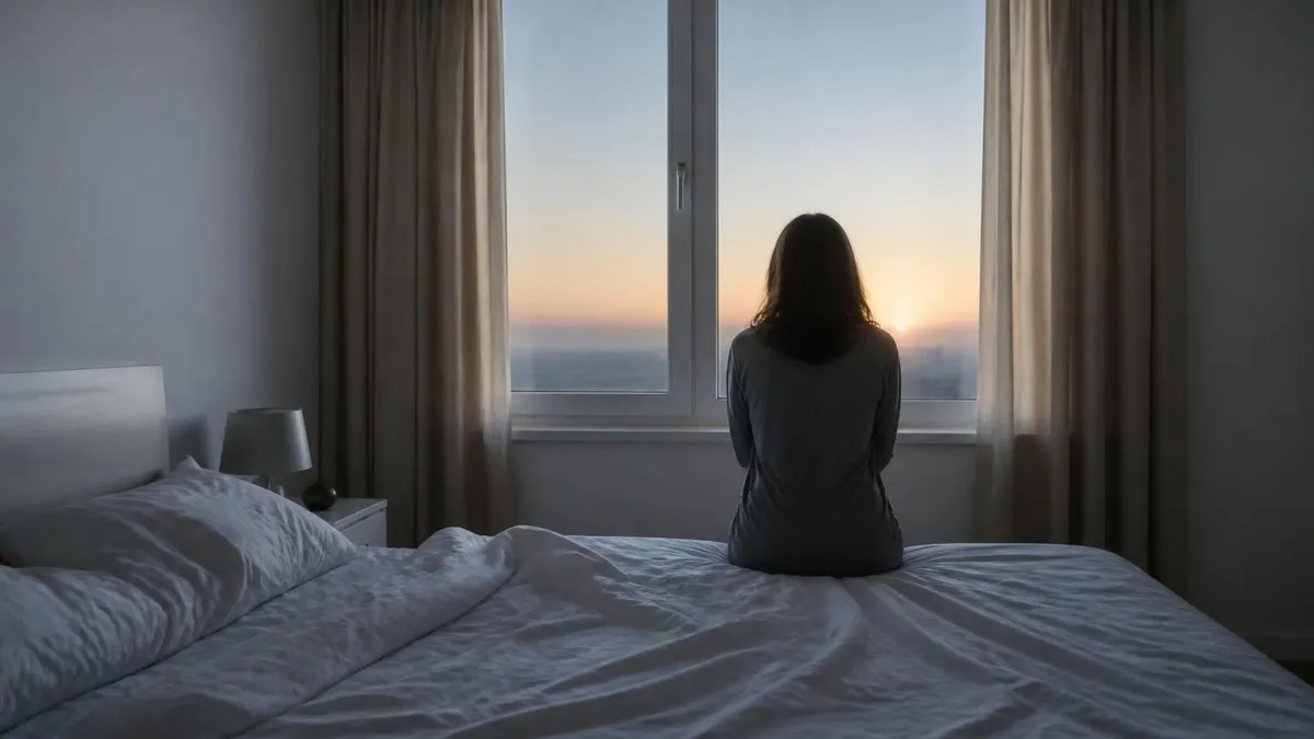 Mujer sentada en el borde de la cama al amanecer, de espaldas, mirando por la ventana, con la otra mitad de la cama vacía