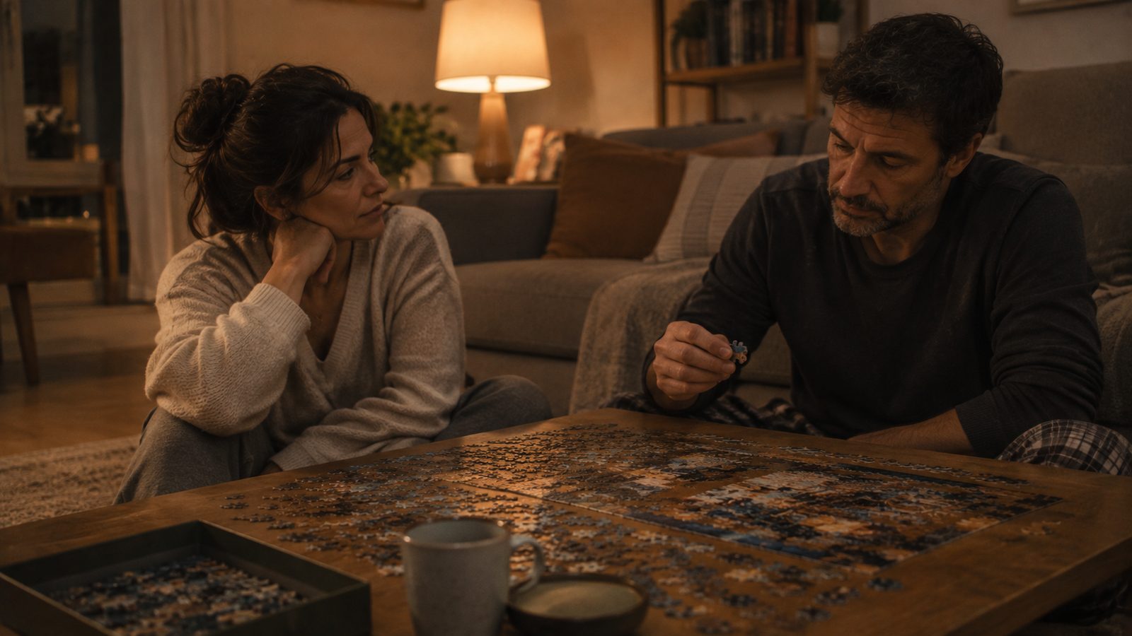 Pareja sentada en el suelo montando un puzle; ella le mira buscando una respuesta