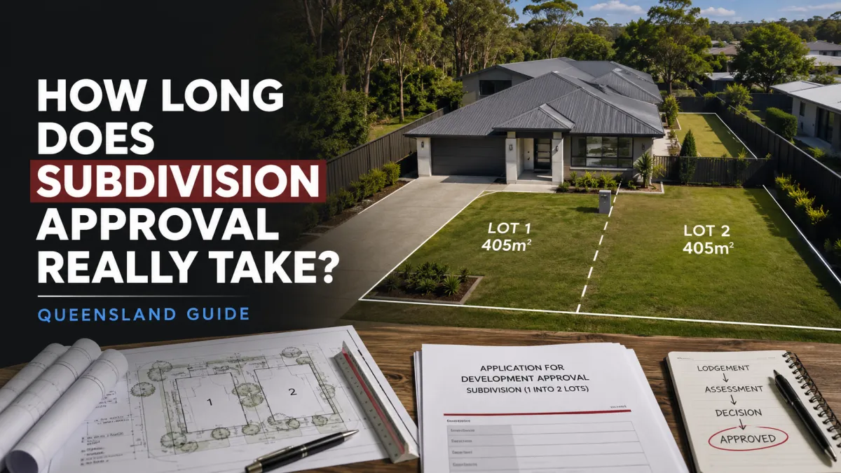 Pesidential property divided into two proposed lots, illustrating the subdivision approval process and timeframe.
